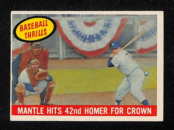 Lot of 3 Star Topps Cards - 1960 Mantle/Boyer BVG 4, 1959 Ashburn/Mays BVG 6, & 1959 Mantle Baseball Thrills