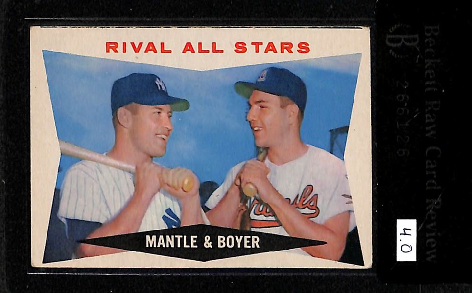 Lot of 3 Star Topps Cards - 1960 Mantle/Boyer BVG 4, 1959 Ashburn/Mays BVG 6, & 1959 Mantle Baseball Thrills