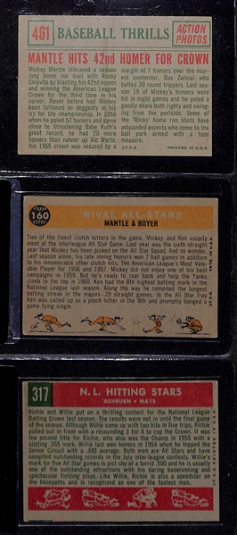 Lot of 3 Star Topps Cards - 1960 Mantle/Boyer BVG 4, 1959 Ashburn/Mays BVG 6, & 1959 Mantle Baseball Thrills