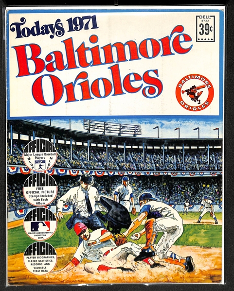 Lot Of 9 1971 Dell Baseball Team Booklets w. Full Stamp Sheets of Orioles, Yankees, Brewers, White Sox, Indians, Twins, Tigers, Royals, Expos