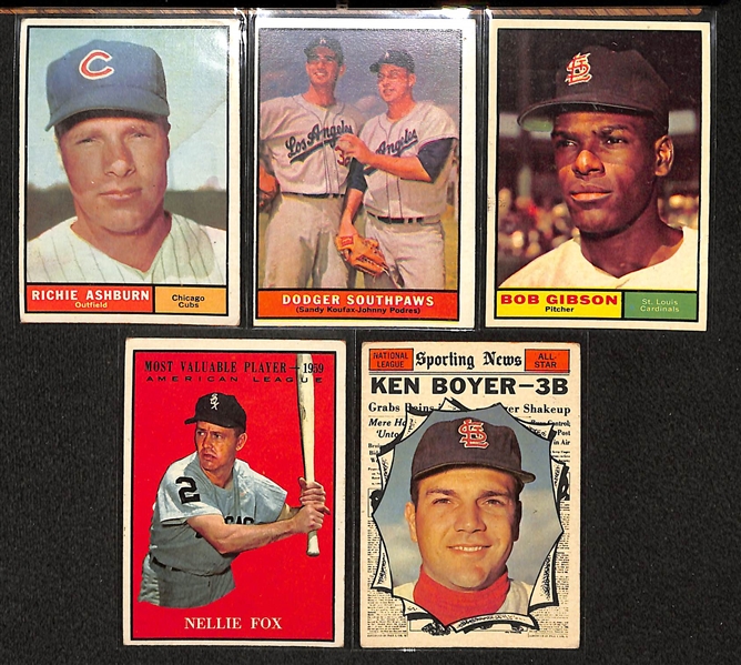 Lot Of 300 1961 Topps Baseball Cards - Gibson, Boyer AS, Fox MVP, Ashburn, Dodgers Southpaws w Koufax