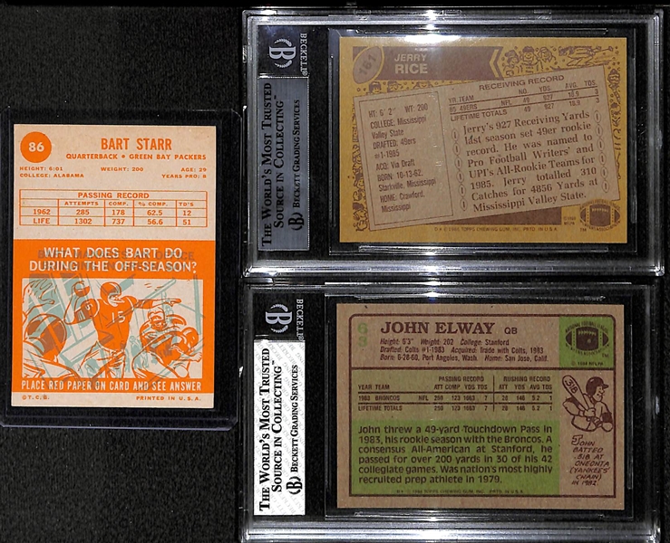 Lot of 3 Football Star Topps Cards - Including Jerry Rice Rookie Card, Elway, & Starr - BVG