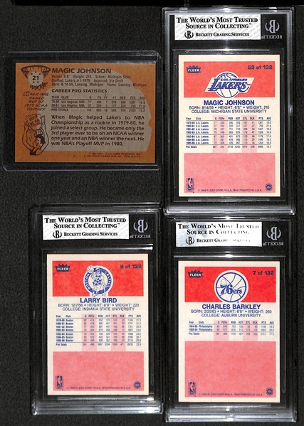 Lot of 4 Basketball Hall of Famer Cards (Fleer & Topps) - Barkley, Bird, & Johnson - BVG