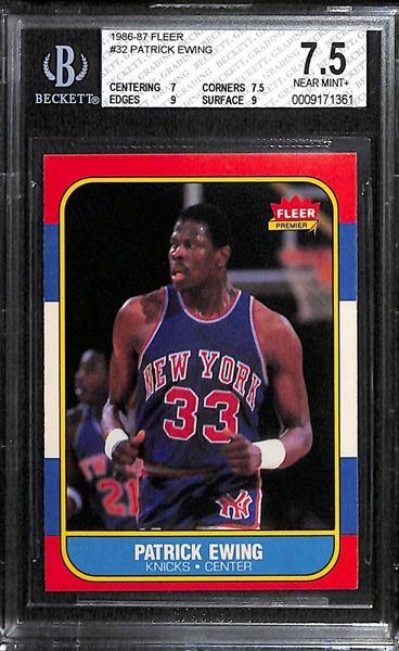 Lot of 3 1986 Fleer Basketball Cards - Ewing, Olajuwon, Drexler - BVG 7.5