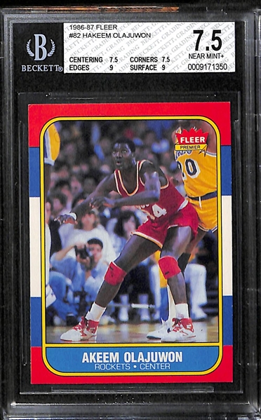 Lot of 3 1986 Fleer Basketball Cards - Ewing, Olajuwon, Drexler - BVG 7.5