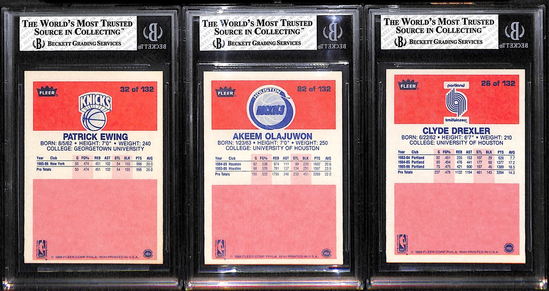 Lot of 3 1986 Fleer Basketball Cards - Ewing, Olajuwon, Drexler - BVG 7.5