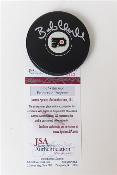 Trio of Philadelphia Flyers Greats Signed Hockey Pucks - Bob Clarke, Bill Barber & Bob Kelly - JSA