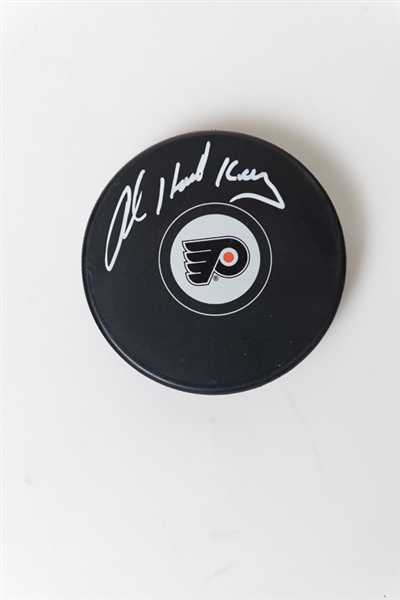 Trio of Philadelphia Flyers Greats Signed Hockey Pucks - Bob Clarke, Bill Barber & Bob Kelly - JSA