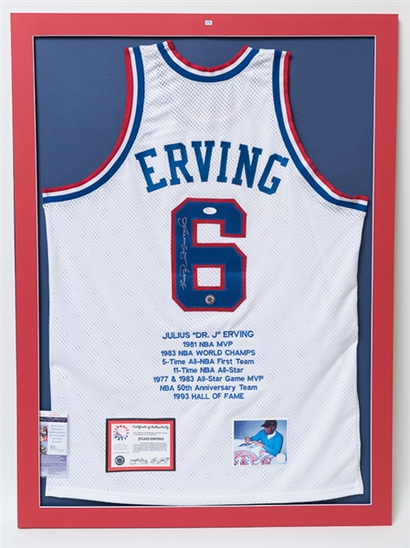 Julius Erving Signed & Matted Stat Jersey - JSA