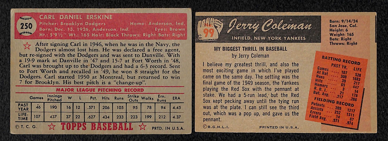 Lot Of 2 Vintage Cards - Carl Erskine 1952 Topps & J. Coleman 1955 Bowman