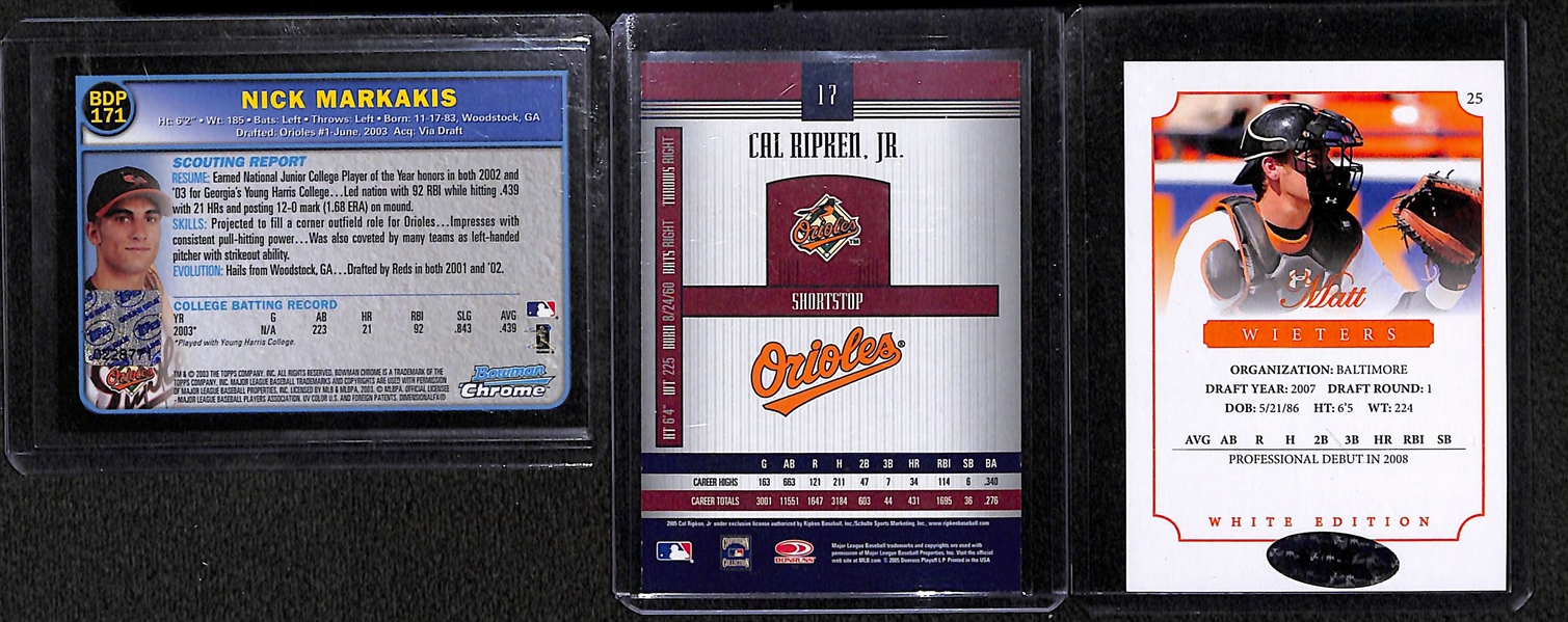 Lot Of 3 Orioles Stars Autograph Cards w. Cal Ripken Jr, Markakis, Wieters