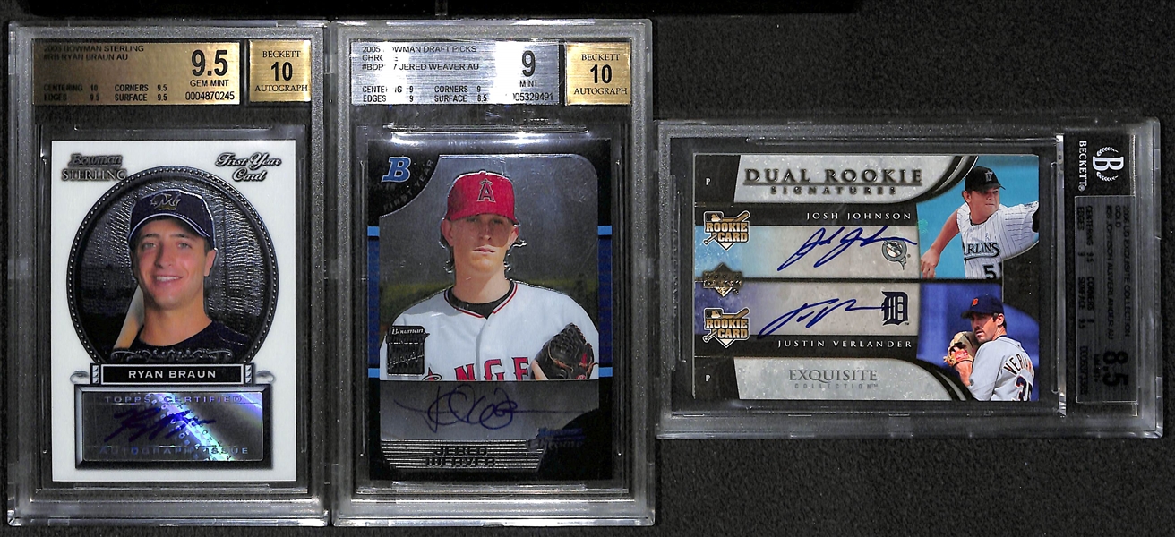 Lot Of 3 Baseball Graded Auto Rookie Cards w. Verlander, Braun BGS 9.5, & Weaver