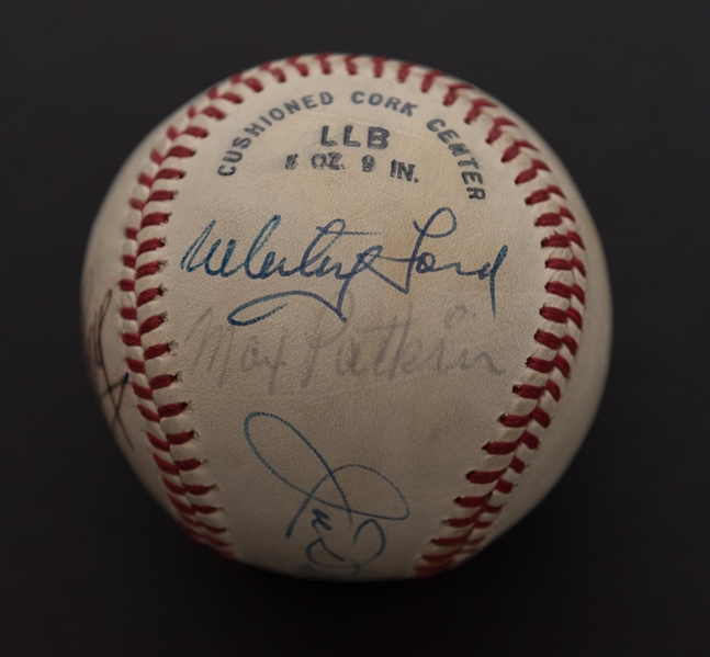 Baseball Greats Signed Ball w. 4 Autographs - Joe DiMaggio, Whitey Ford, Max Patkin, & Minnie Minoso