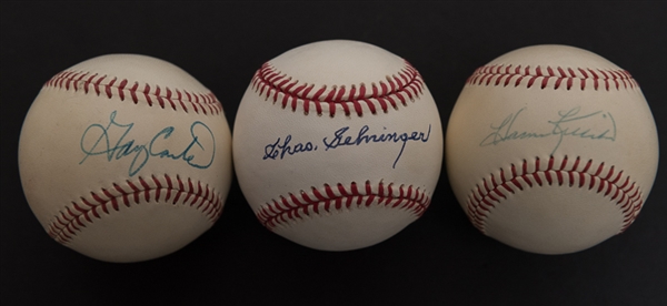 Lot Of 3 Hall of Famer Single Signed Baseballs w. Gehringer, Killebrew, & Carter