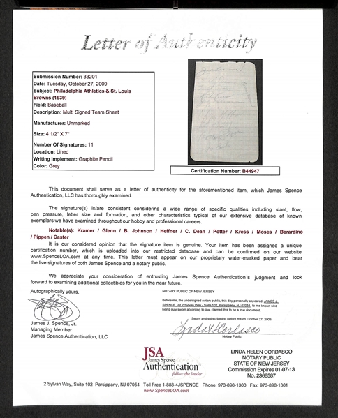 1939 Athletics & Browns Multi Signed Sheet w. Bob Johnson - JSA Letter of Authentication