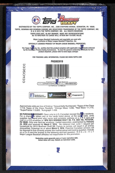 2015 Bowman Draft Baseball Sealed Hobby Box