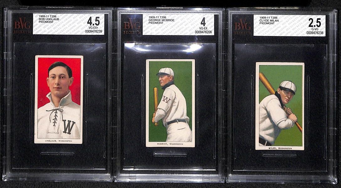 Lot of 3 - 1909 T206 Baseball Cards - Unglaub, McBride, Milan - Piedmont Back - BVG