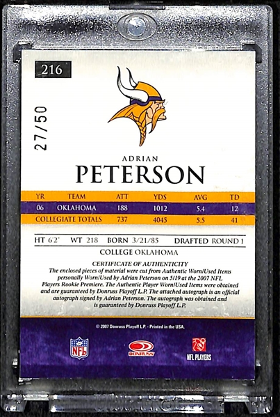 2007 Donruss Gridiron Adrian Peterson Autograph Jumbo Patch Rookie Card 