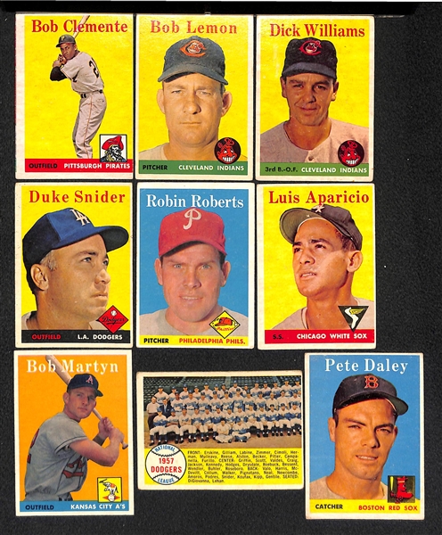 Lot Of 9 1958 Topps Baseball Cards w. Clemente
