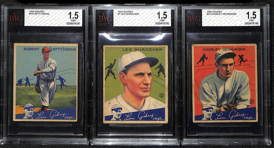 Lot of 3 - 1934 Goudey Cards - Lefty Grove, Leo Durocher, Charley Gehringer - BVG 1.5