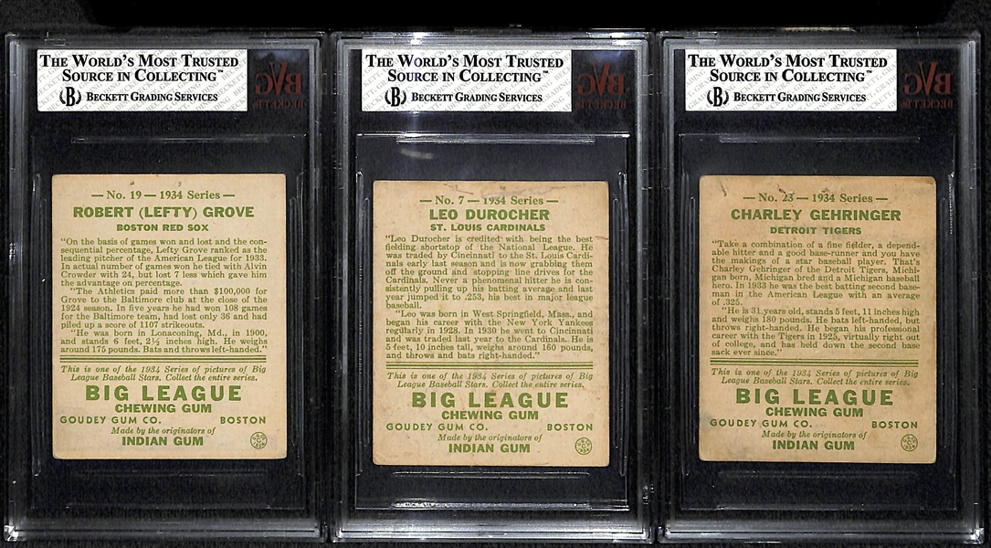 Lot of 3 - 1934 Goudey Cards - Lefty Grove, Leo Durocher, Charley Gehringer - BVG 1.5