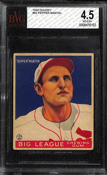 1933 Goudey #62 Pepper Martin BVG 4.5, 1940 Playball #183 Breuer SGC 30, & 1948 Leaf Warren Spahn PSA 3