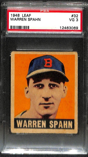 1933 Goudey #62 Pepper Martin BVG 4.5, 1940 Playball #183 Breuer SGC 30, & 1948 Leaf Warren Spahn PSA 3