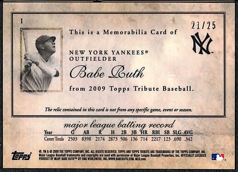 2009 Topps Tribute Babe Ruth Bat Relic Gold Refractor Card