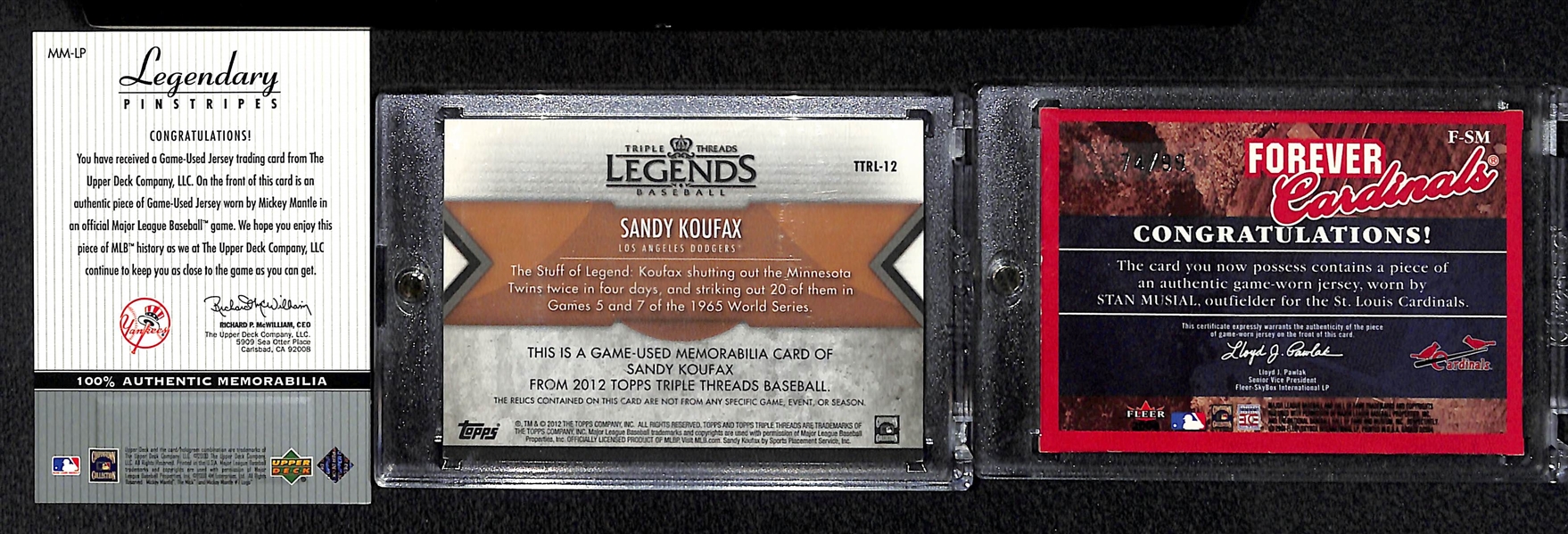 Lot Of 3 Hall of Fame Relic Cards w. Mantle & Koufax