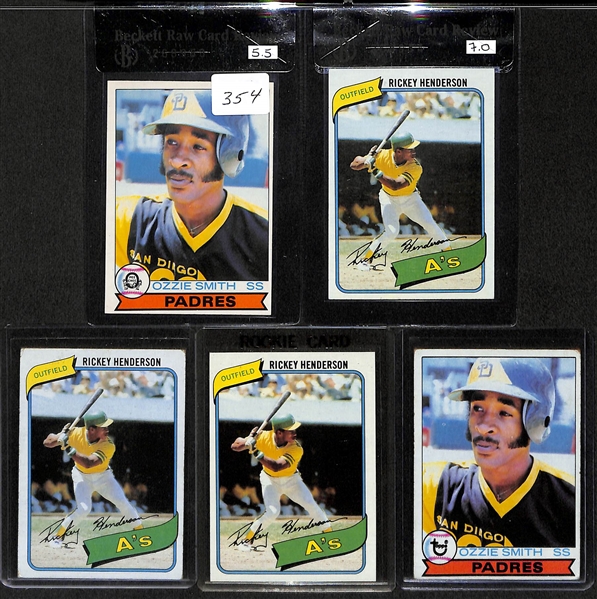 2 - 1979 Ozzie Smith Rookie Cards BVG & 3 1980 Rickey Henderson RC BVG