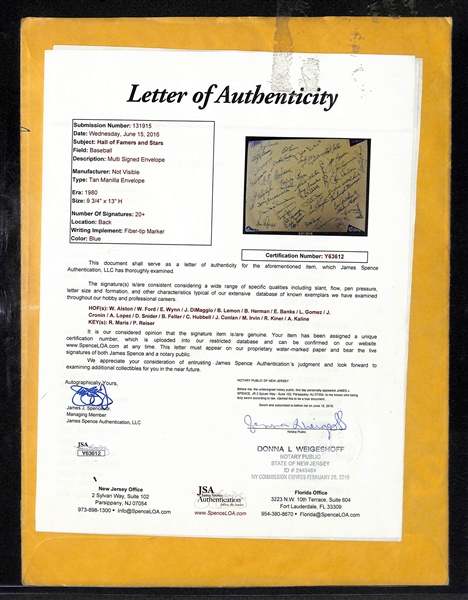 Baseball HOFers Multi Signed Sealed 10 x 13 Envelope From 1980 Old Timers Game Day - 20+ Signatures Including DiMaggio & Maris - JSA LOA 