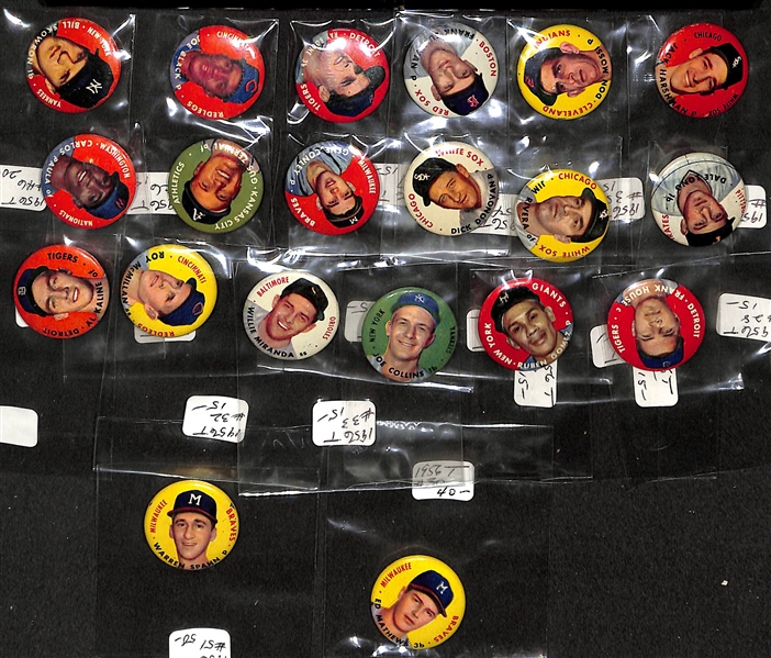 Lot of 20 - 1956 Topps Pins w. Eddie Mathews & Warren Spahn - 20 Different Pins