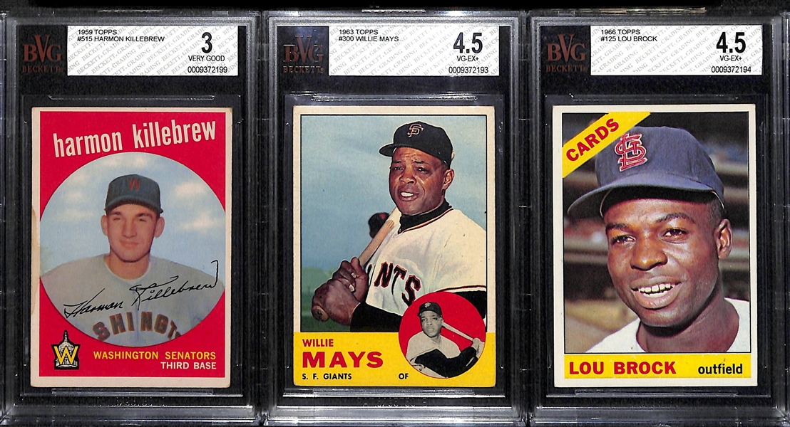 Lot of 3 - 1959 Topps #515 Harmon Killebrew BVG 3, 1963 Topps #300 Willie Mays BVG 4.5, & 1966 Topps #125 Lou Brock BVG 4.5