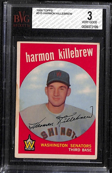 Lot of 3 - 1959 Topps #515 Harmon Killebrew BVG 3, 1963 Topps #300 Willie Mays BVG 4.5, & 1966 Topps #125 Lou Brock BVG 4.5