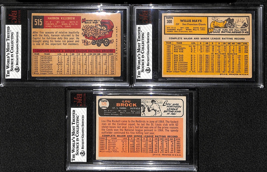 Lot of 3 - 1959 Topps #515 Harmon Killebrew BVG 3, 1963 Topps #300 Willie Mays BVG 4.5, & 1966 Topps #125 Lou Brock BVG 4.5