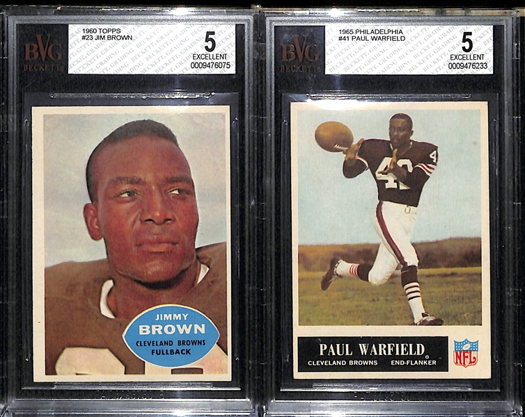 Lot of 2 - 1960 Topps #23 Jim Brown BVG 5 & 1965 Philadelphia #41 Paul Warfield Rookie Card BVG 5