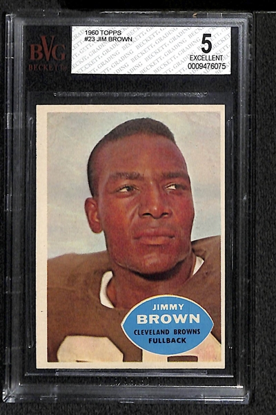 Lot of 2 - 1960 Topps #23 Jim Brown BVG 5 & 1965 Philadelphia #41 Paul Warfield Rookie Card BVG 5
