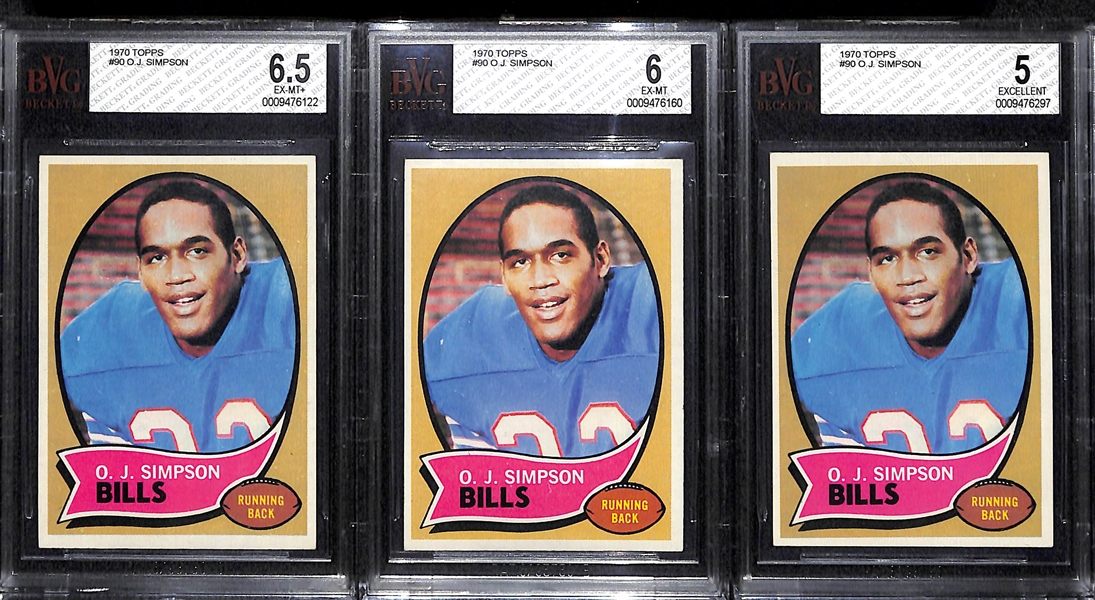 Lot of 3 1970 #90 OJ Simpson Rookie Cards - Graded BVG 6.5, 6, & 5