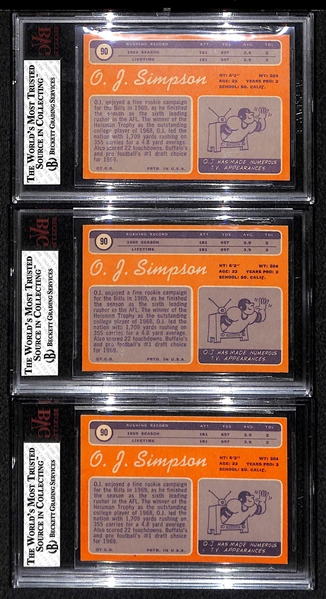 Lot of 3 1970 #90 OJ Simpson Rookie Cards - Graded BVG 6.5, 6, & 5