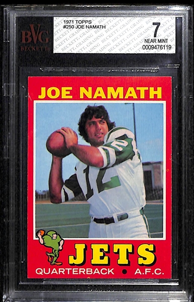 Lot of 2 - 1971 Topps Football Cards - #250 Joe Namath BVG 7 & #245 Joe Greene Rookie Card BVG 6