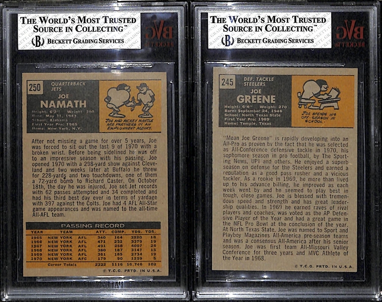 Lot of 2 - 1971 Topps Football Cards - #250 Joe Namath BVG 7 & #245 Joe Greene Rookie Card BVG 6