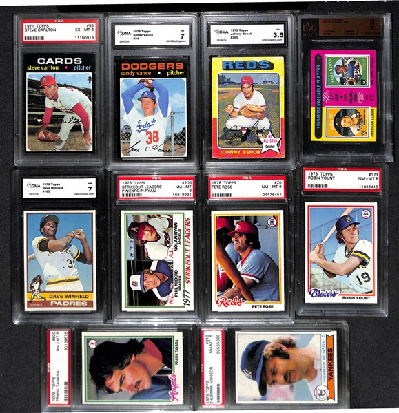 Lot of 10 Topps Baseball Star Graded Cards from 1971-1979 w. Carlton