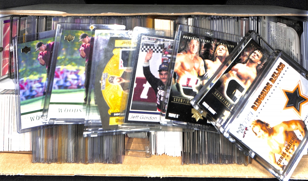 Large Lot of NASCAR, Golf, & Wrestling Cards Including 2 Tiger Woods Rookie Cards