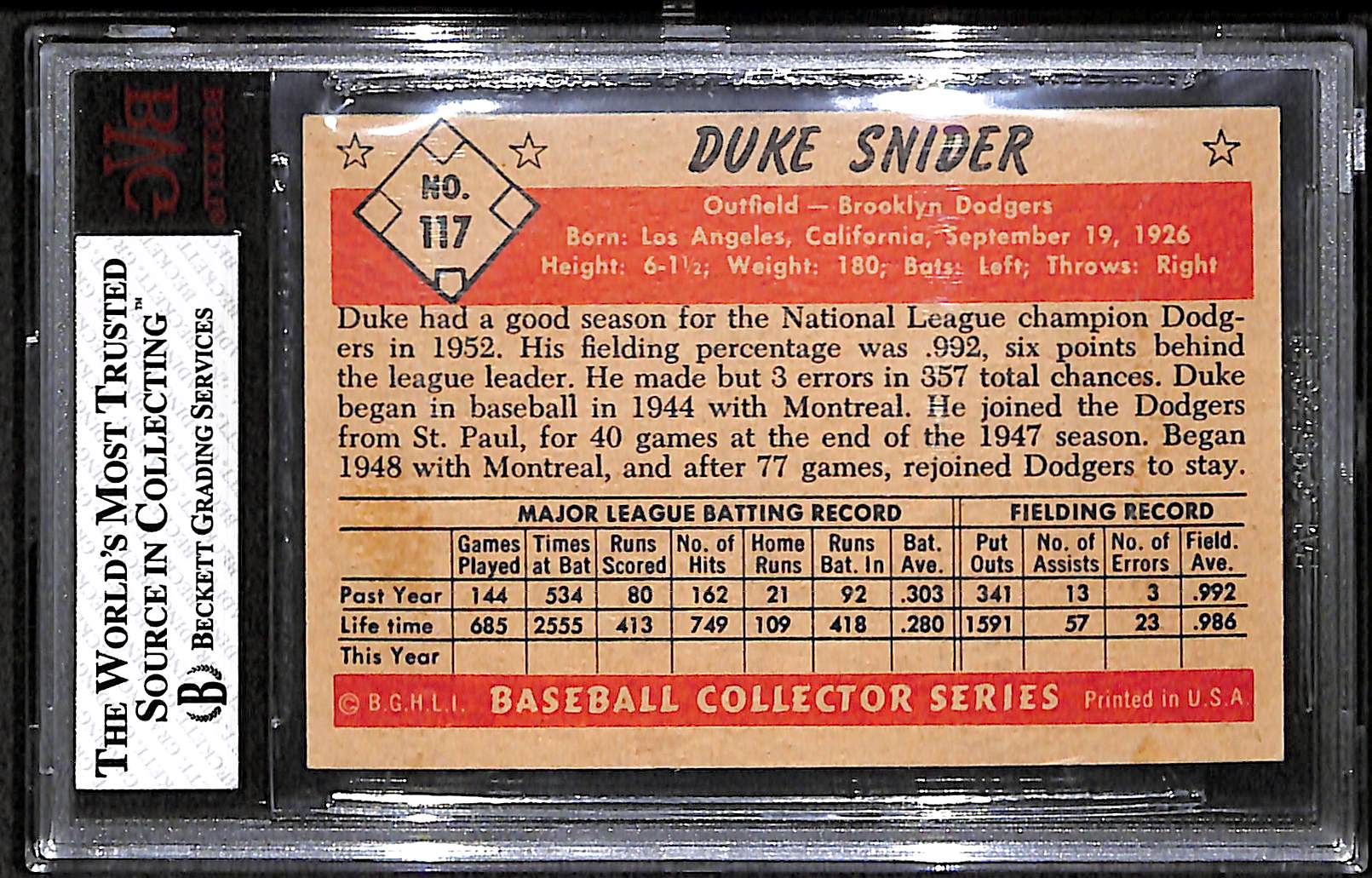 Color Duke Snider Lot Detail - 1953 Bowman Color Duke Snider (#117) Graded BVG 6 (EX-Mint)