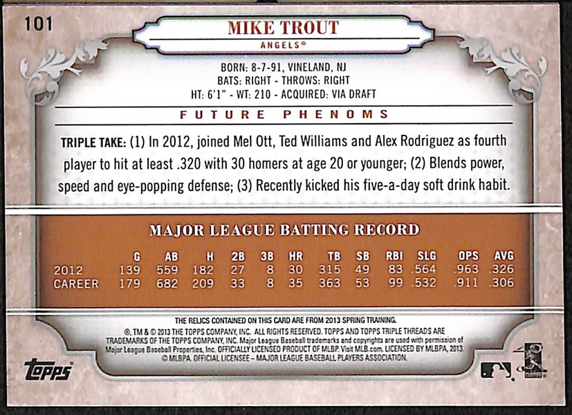 2013 Topps Triple Threads Mike Trout Autograph Jersey Relic Card #3/75