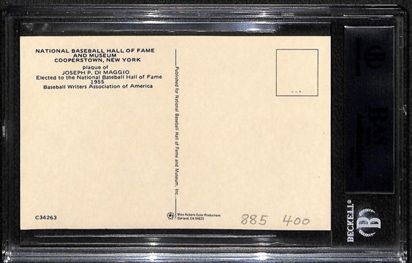 Joe DiMaggio Autographed Hall Of Fame Plaque Post Card - Beckett Authentic