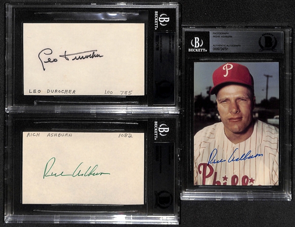 Lot Of 3 Signed Photos & Index Cards: Ashburn & Durocher - Beckett Authentic