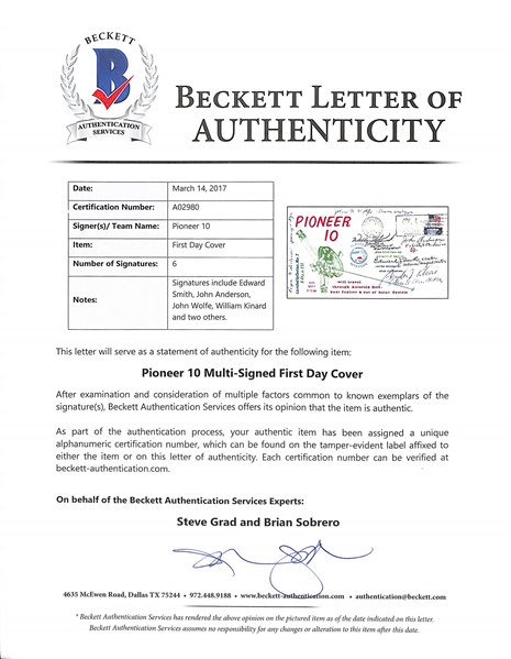 Pioneer 10 First Day Cover (dated 3/3/72) Autographed by 6 Principal Investigators and Project Officials - Beckett Letter of Authenticity