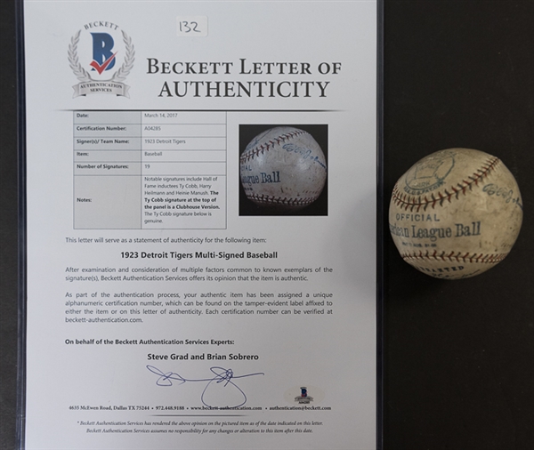 1923 Detroit Tigers Team Signed Official Reach AL Baseball w. 3 HOFers - Ty Cobb, Heinie Manush, Harry Heilmann
