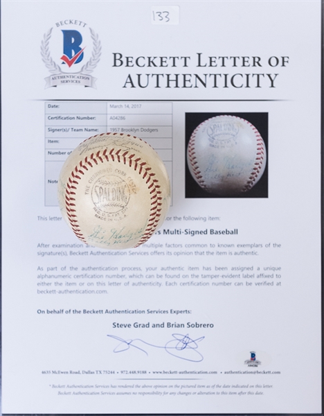 1957 Brooklyn Dodgers Team Signed Baseball w. Roy Campanella Pre-Accident Signature